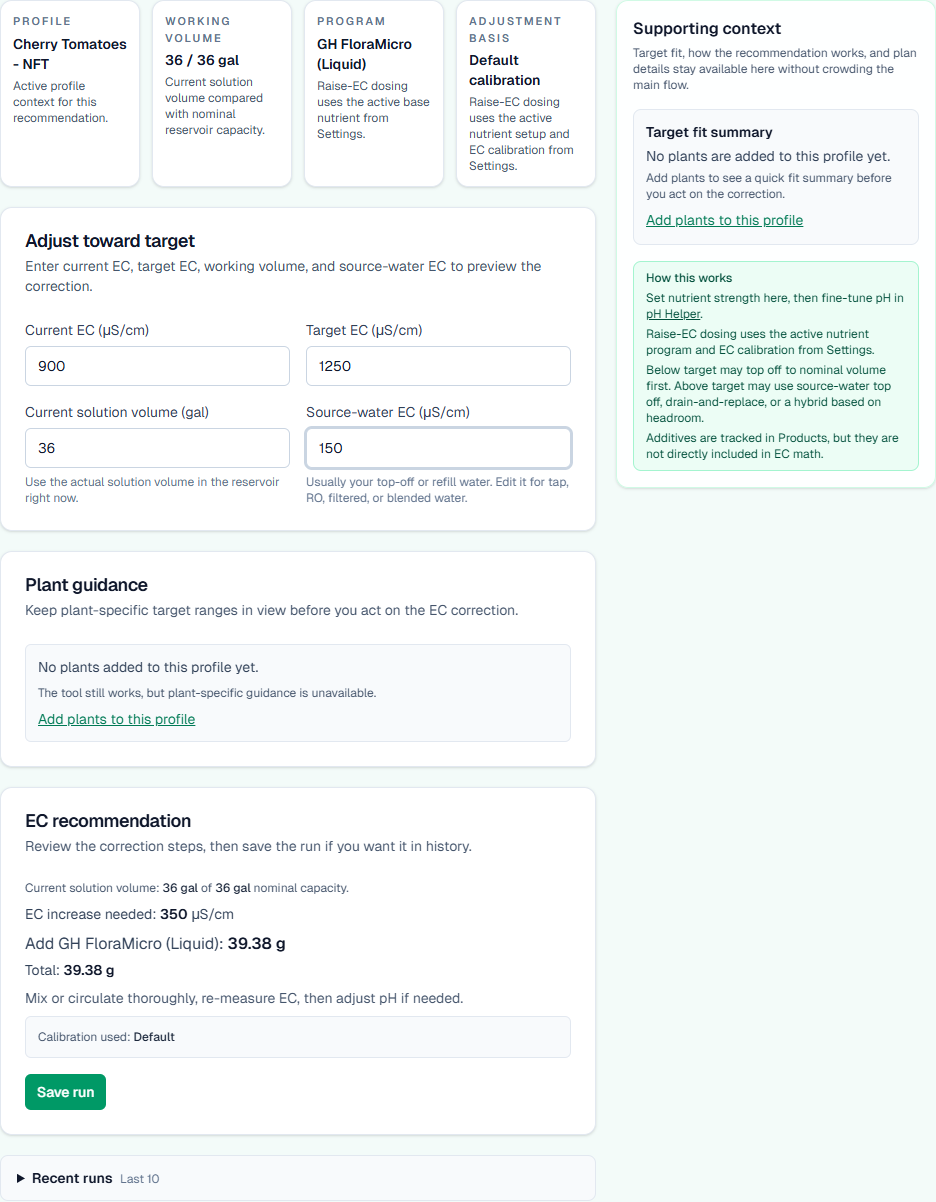 YieldPivot EC Calculator showing a nutrient dosing recommendation based on current and target EC.