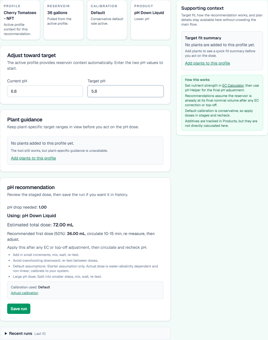 YieldPivot pH Helper showing a staged first-dose recommendation.
