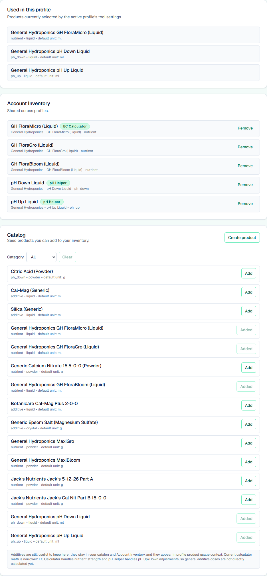 YieldPivot products inventory showing mapped nutrient and pH products.