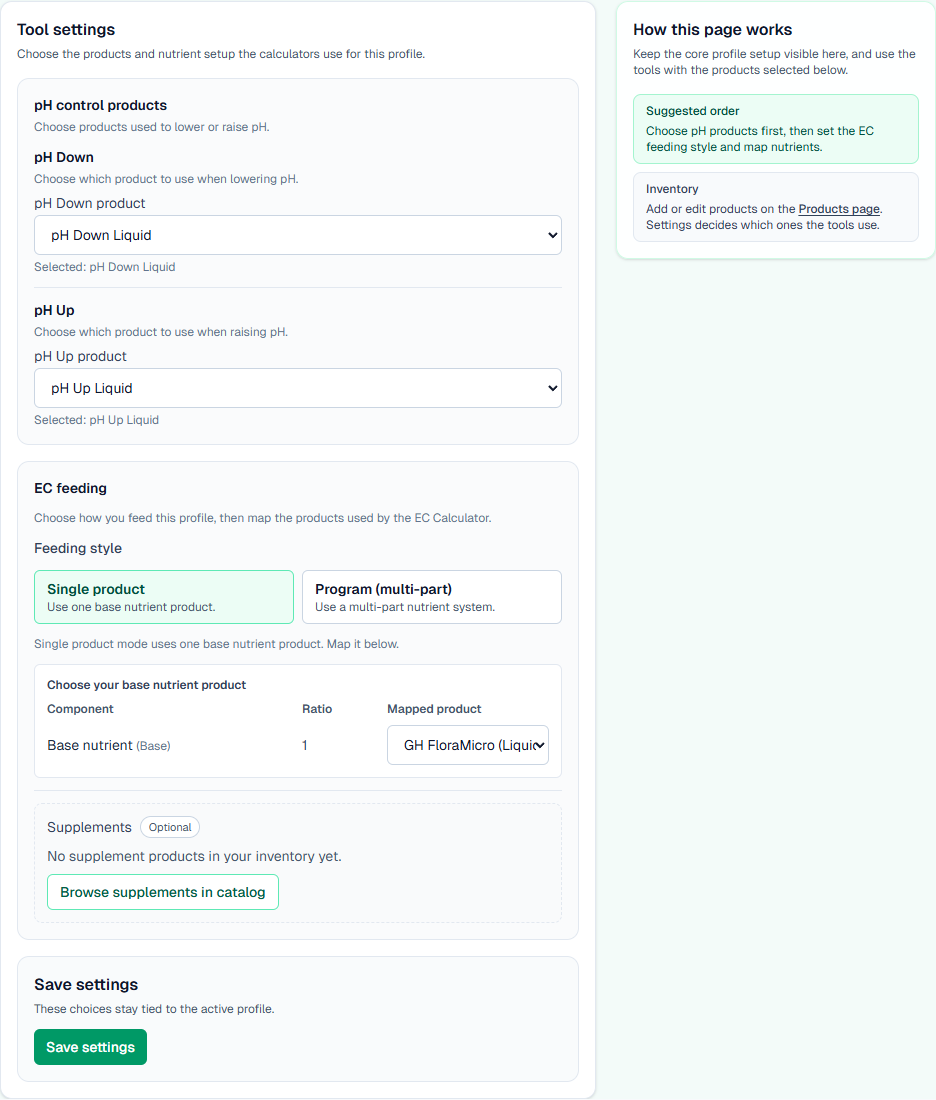 YieldPivot tool settings with mapped pH products and an EC nutrient selection.